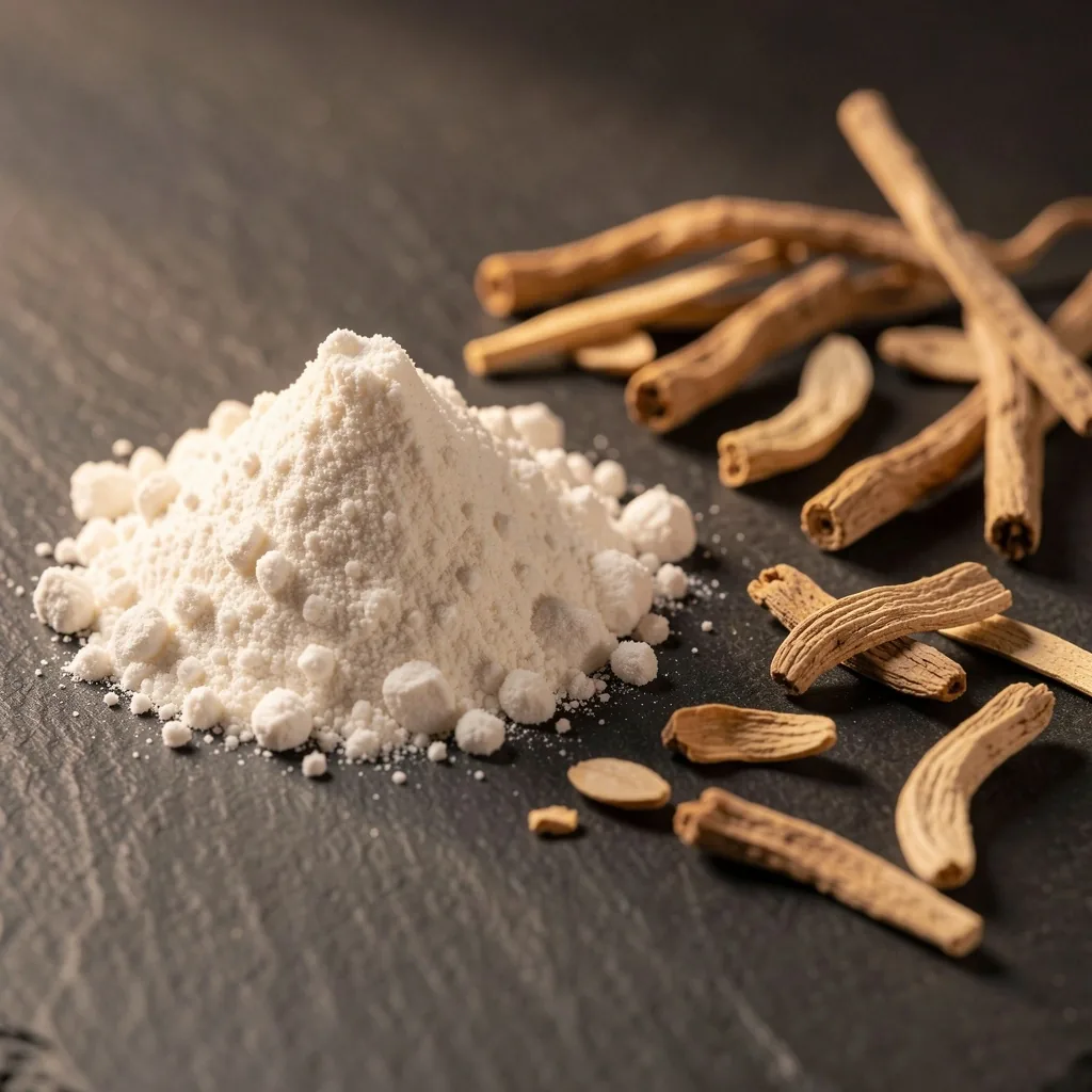 Sourced raw mineral and botanical ingredients on a dark surface
